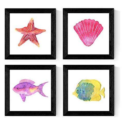 Set Di 4 Stampe Fogli Di Animali Marini Senza Cornice 25x25 Cm - Foto 1