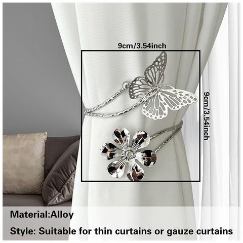 Set Di 2 Fermatenda In Metallo A Forma Di Farfalla E Fiore - Elegante Decorazione Per Finestre Silver - Foto 4