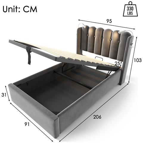 Letto Singolo In Velluto Grigio Con Testiera A Griglia Design - Foto 2