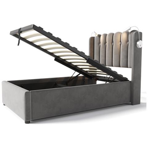 Letto Singolo In Velluto Grigio Con Testiera A Griglia Design - Foto 3