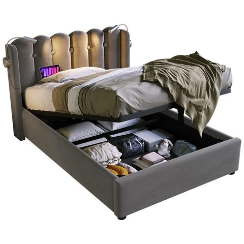 Letto Singolo In Velluto Grigio Con Testiera A Griglia Design - Foto 1