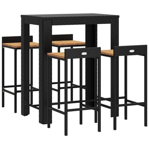 Set Bar Giardino 5 pz Nero Polyrattan e Legno Massello Acacia - Foto 2