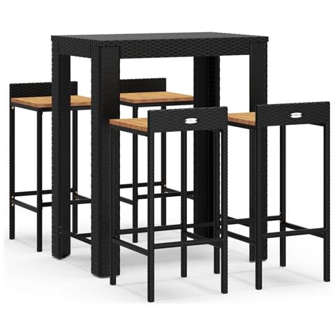 Set Bar Giardino 5 pz Nero Polyrattan e Legno Massello Acacia - Foto 1