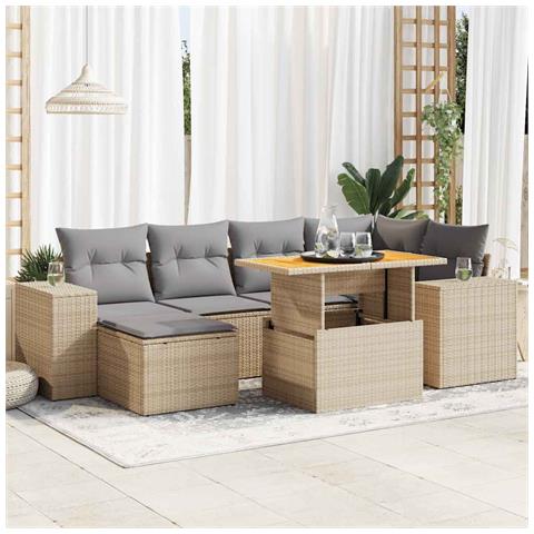 Set Divani Da Giardino 7 Pz Con Cuscini Beige In Polyrattan - Foto 1