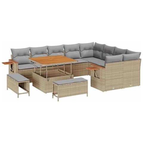 Set Divano da Giardino  da 12 Pezzi con Cuscini Beige in Polyrattan Acacia, Set Tavolo da Giardino  da 3 Pezzi con Cuscini Beige in Polyrattan Acacia - Foto 1