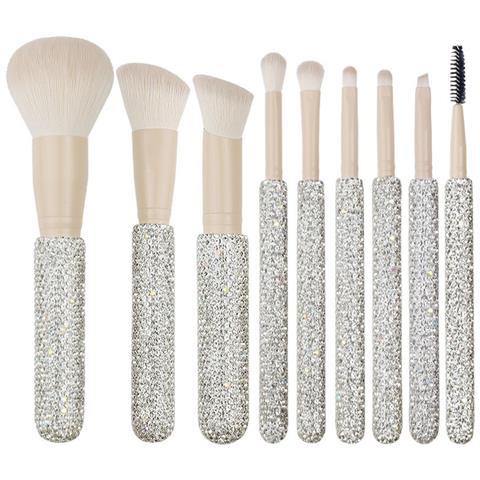 Set Di 9 Pennelli Da Trucco Color Caffè Con Manico Diamantato - Setole Sintetiche Morbide - Foto 1