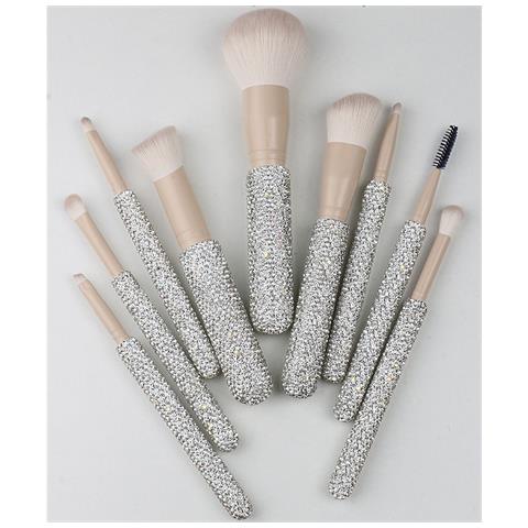 Set Di 9 Pennelli Da Trucco Color Caffè Con Manico Diamantato - Setole Sintetiche Morbide - Foto 4