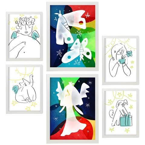 Set Di 6 Stampe Wings Of Love 1 In Animali Astratti Dipinti Decorativi Estetici Per Il Tuo Soggiorno, Camera Da Letto, Casa A3 & A4 Cornice Bianca - Foto 1