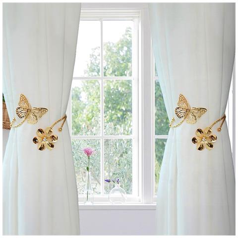 Set Di 2 Fermatenda In Metallo A Forma Di Farfalla E Fiore - Elegante Decorazione Per Finestre Gold - Foto 2