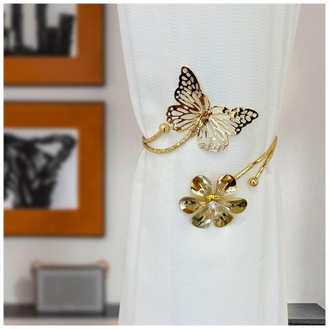 Set Di 2 Fermatenda In Metallo A Forma Di Farfalla E Fiore - Elegante Decorazione Per Finestre Gold - Foto 7