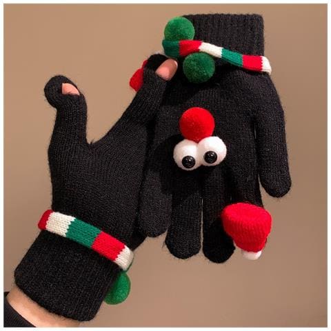 Guanti Caldi Natalizi In Maglia Con Peluche - Guanti Invernali Divertenti Da Donna Con Occhi Grandi Antivento Black - Foto 2