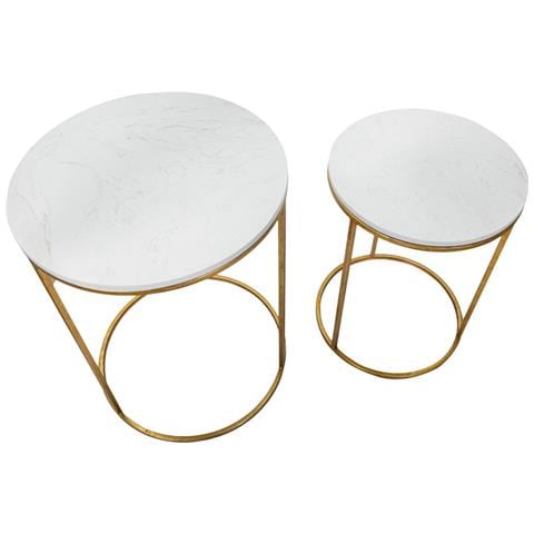 Coppia Tavolinetti Simply Marble In Ferro E Marmo Artificiale Gold E Bianco - Ø 52 E 42 Cm - Foto 2