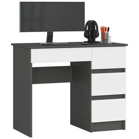 Scrivania per computer A7 destro, 4 cassetti, 90x50x77 cm, Colore Grigio Grafite e Bianco - Foto 1