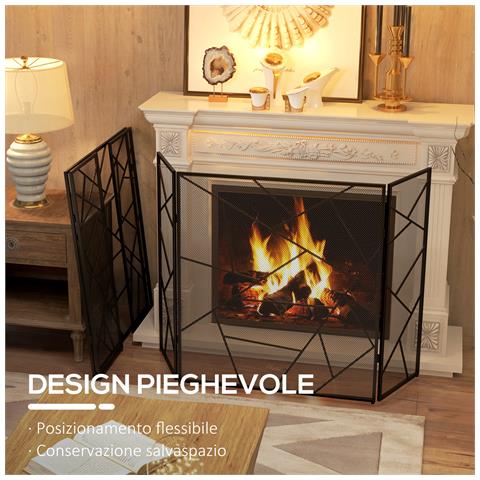Parascintille per Camino Pieghevole a 3 Pannelli in Acciaio con Design Geometrico, 135x1.2x85cm, Nero - Foto 2