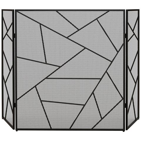 Parascintille per Camino Pieghevole a 3 Pannelli in Acciaio con Design Geometrico, 135x1.2x85cm, Nero - Foto 1