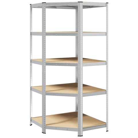 Scaffale Angolare 5 Ripiani Argento Acciaio E Legno Multistrato - Foto 2