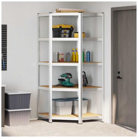 Scaffale Angolare 5 Ripiani Argento Acciaio E Legno Multistrato - Foto 3