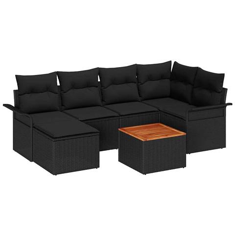 Set Divano Giardino 7 Pezzi con Cuscini Nero in Rattan Polietilenico Acacia - Foto 1