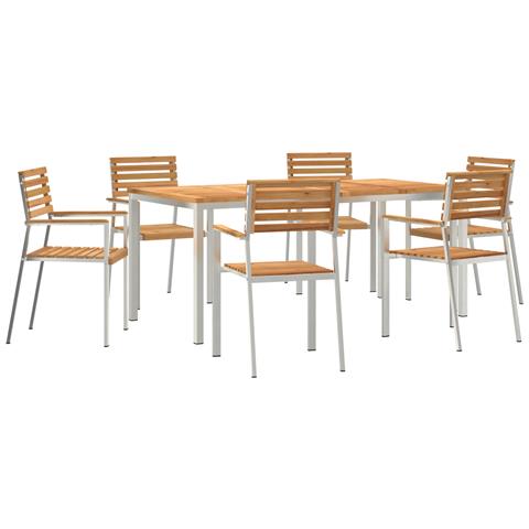 Set da pranzo da giardino da 7 pezzi in legno massello teak , Tavolo da pranzo per esterni  180x90x75 cm in legno massello teak, Sedie da giardino impilabili  2 pezzi in legno massello teak e acciaio, Sedie da giardino impilabili  4 pezzi in legno massell - Foto 1