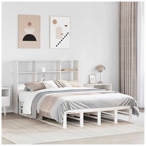 Letto Libreria senza Materasso Bianco 140x200 cm Legno Massello - Foto 2