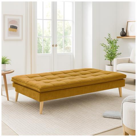 Divano Letto Reclinabile 3 Posti Ergonomico In Tessuto Mostarda Con Gambe Legno - Foto 5