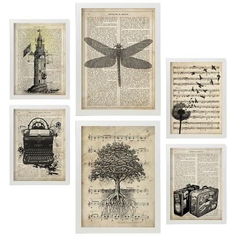 Set Di 6 Stampe Poster Di Carta Seppia Con Disegni Vintage In Stile Retrò Con Temi Naturalistici E Di Viaggio Su Sfondi Di Enciclopedia A3 & A4 Cornice Bianca - Foto 1