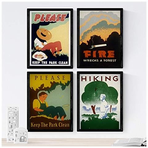 Set Di 4 Stampe Posters Vintage. Posters Con Anuncios Antiguos. Cuatro Carteles Vintage De Prevención De Fuegos Senza Cornice A3 - Foto 1