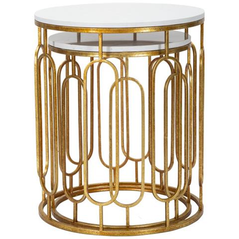 Coppia Tavolinetti Tory Marble In Ferro Dorato E Marmo Artificiale - Ø 46 E 39 Cm - Foto 2