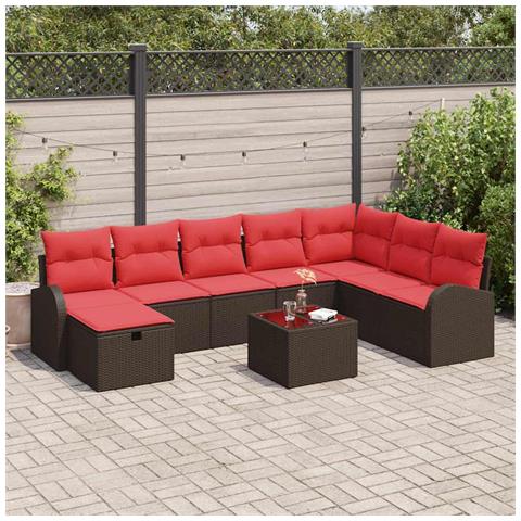 Set di divani con cuscino 9 pcs Marrone e Rosso polyrattan - Foto 2