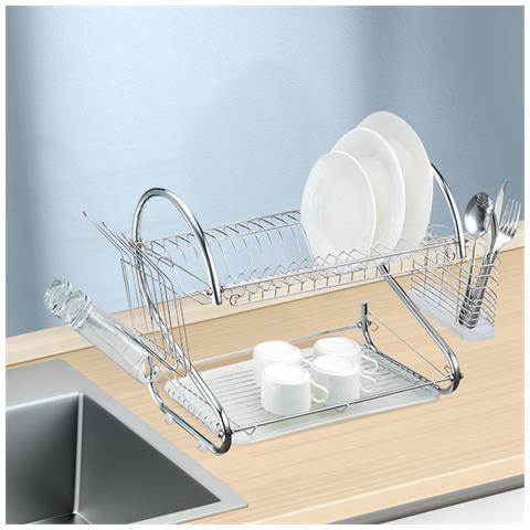 Scolapiatti In Metallo A 2 Livelli Arrotondati, Argento - Foto 2