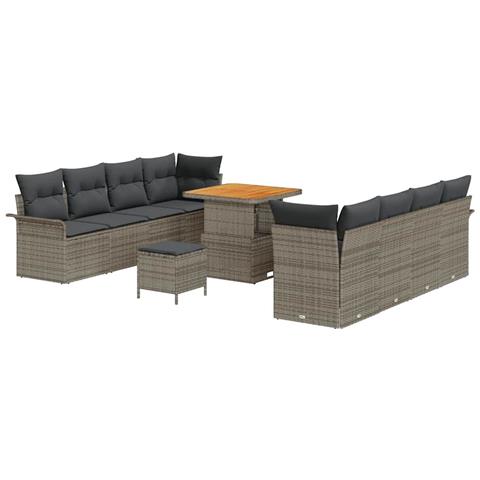 Set divani giardino 11 pezzi con cuscini Grigio Polyrattan Acacia, Divano giardino 2 posti con spazio di stoccaggio e cuscini Grigio Polyrattan, Set pranzo giardino 3 pezzi con cuscini Grigio Polyrattan Acacia - Foto 1