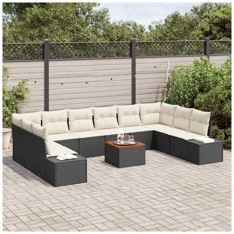 Set divano da giardino da 11 pezzi con cuscini neri in polyrattan e acacia - Foto 2