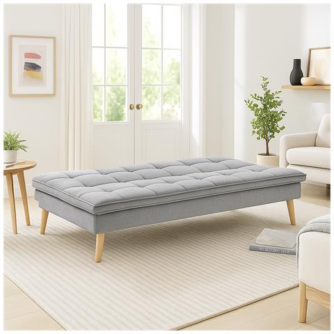 Divano Letto Reclinabile 3 Posti Ergonomico In Tessuto Grigio Con Gambe In Legno - Foto 2