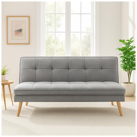 Divano Letto Reclinabile 3 Posti Ergonomico In Tessuto Grigio Con Gambe In Legno - Foto 5
