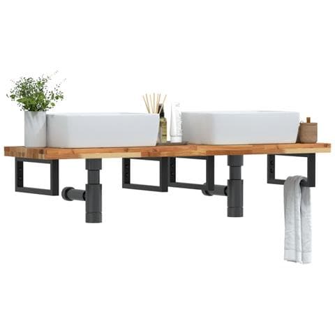 Ripiano a Parete per Lavabo in Acciaio e Massello di Acacia - Foto 2