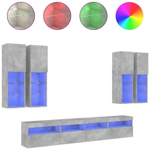 Set Mobili TV a Muro 7 pz con Luci LED Grigio Cemento - Foto 1