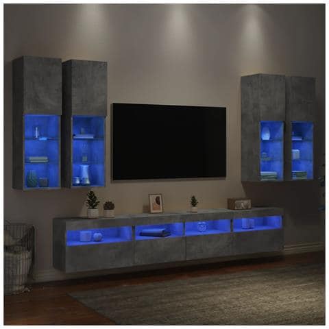 Set Mobili TV a Muro 7 pz con Luci LED Grigio Cemento - Foto 2