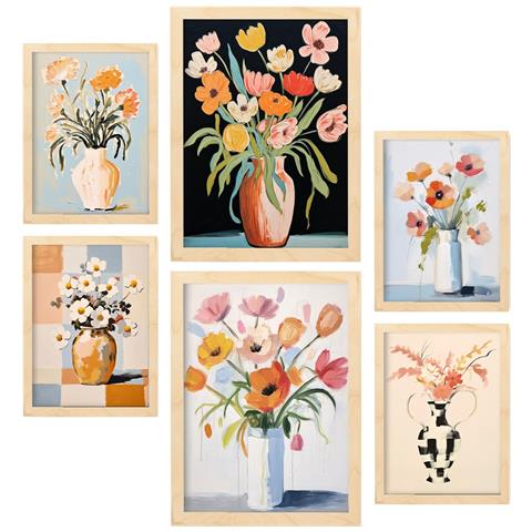 Set Di 6 Stampe Vasi Di Fiori In Dipinti Decorativi Estetici Astratti Per Il Tuo Soggiorno, Camera Da Letto, Casa A3 & A4 Telaio In Legno Chiaro - Foto 1