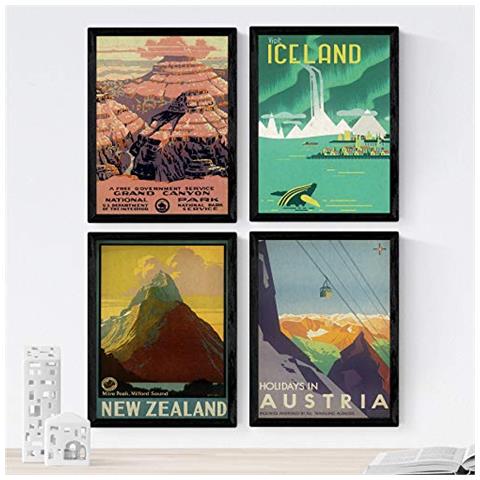 Set Di 4 Stampe Poster Vintage. Poster Pubblicità Del Mondo. Quattro Fogli Vintage Di Montagne E Fiumi Senza Cornice A4 - Foto 1