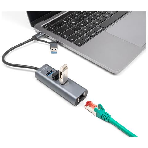 DeLOCK Hub USB 5 Gbps a 3 porte + LAN Gigabit con connettore USB Type-C o USB Tipo-A in contenitore metallico - Foto 2