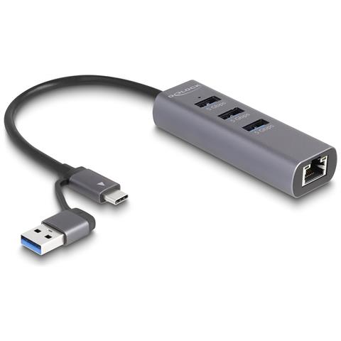 DeLOCK Hub USB 5 Gbps a 3 porte + LAN Gigabit con connettore USB Type-C o USB Tipo-A in contenitore metallico - Foto 1