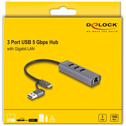DeLOCK Hub USB 5 Gbps a 3 porte + LAN Gigabit con connettore USB Type-C o USB Tipo-A in contenitore metallico - Foto 4