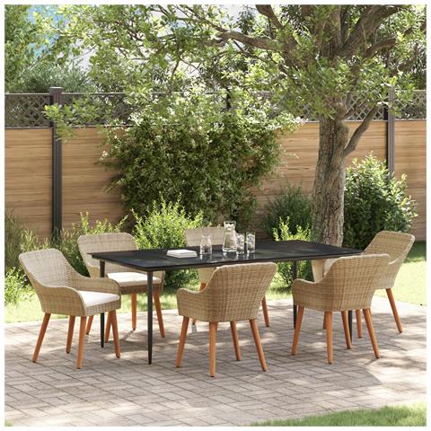 Set da Pranzo da Giardino da 7 Pezzi Rattan Polietilene Beige - Foto 2