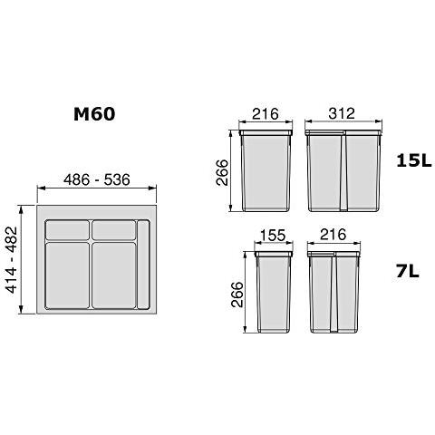 Pattumiere Per Cassetto, Contenitori Raccolta Differenziata Con Base Rifilabile, Kit Di Cestini Altezza 266mm Con Base 60cm - Foto 3