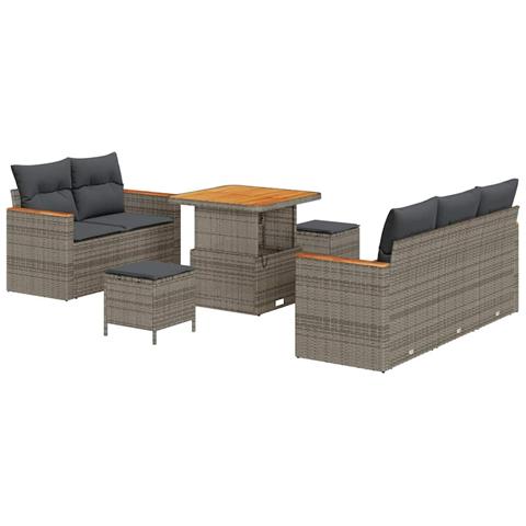 Set di Divani da Giardino  da 8 Pezzi con Cuscini Grigi in Polyrattan Acacia, Set da Pranzo da Giardino  da 3 Pezzi con Cuscini Grigi in Polyrattan Acacia - Foto 1