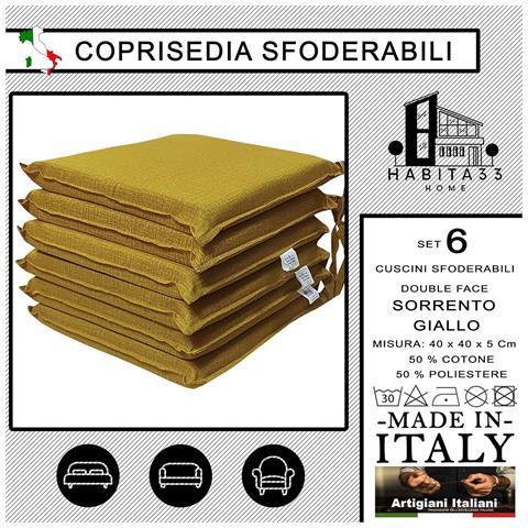 Set 6 Cuscini Per Sedie Cucina Con Laccetti, Copri Sedia Sfoderabili E Lavabili, Rivestimento Tessuto Loneta, Made In Italy (6 Sorrento Giallo) - Foto 2
