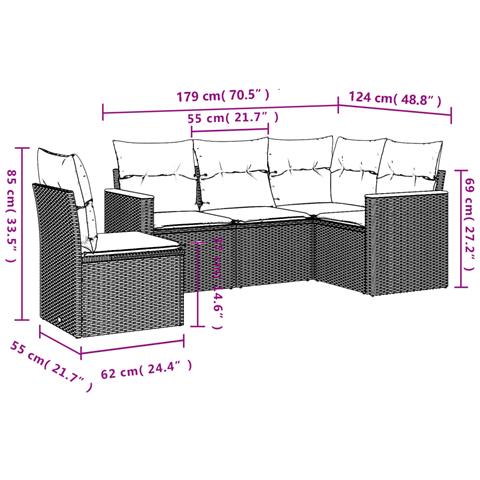 Set Divani da Giardino 5 pz con Cuscini in Polyrattan Nero - Foto 3