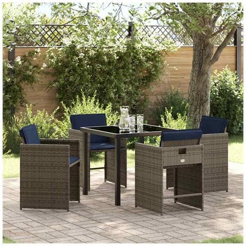 Set da Pranzo per Giardino con cuscino 5 pcs Grigio Poly Rattan - Foto 2