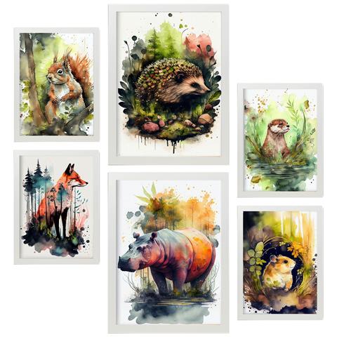 Set Di 6 Stampe Illustrazioni Di Creature Viventi Di Animali In Paesaggi Naturali, Design D'interni Realistico In Stile Acquerello A3 & A4 Cornice Bianca - Foto 1