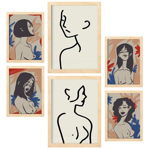 Set Di 6 Stampe Corpo Corpo In Dipinti Decorativi Estetici Astratti Femminili Per Il Tuo Soggiorno Di Casa A3 & A4 Telaio In Legno Chiaro - Foto 1